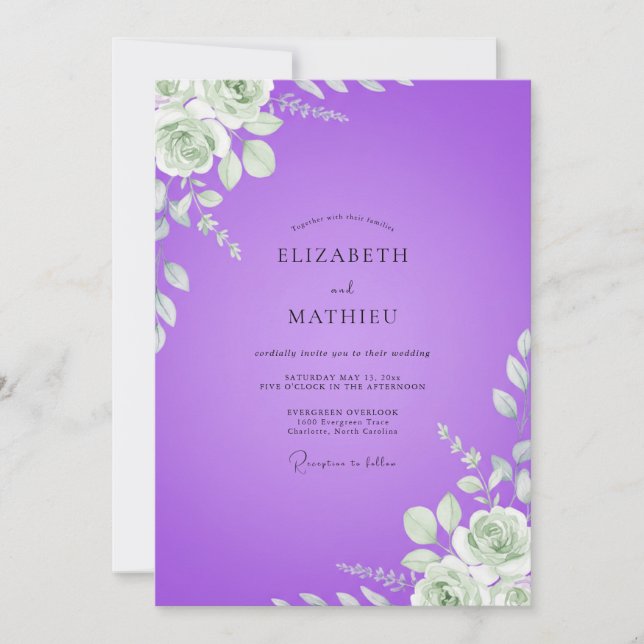 Violette Ranunculus-Eukalyptus-Hochzeit Einladung (Vorderseite)