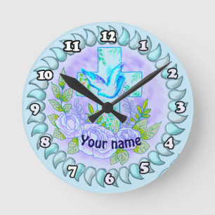 Violette Rosen Christliches Kreuz Runde Wanduhr