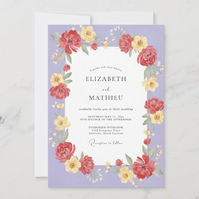Violette Rote Blütenhochzeit Einladung (Vorderseite)