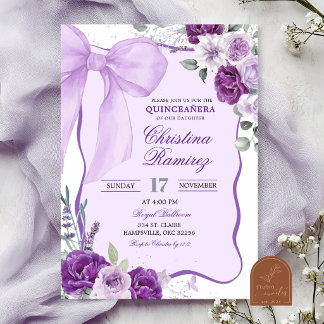 Violette Schleife Coquette Florale Quinceanera Einladung
