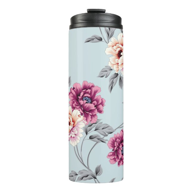 violette und gelbe Blumen mit Blätter auf b Thermosbecher (Vorderseite)
