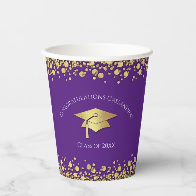 Violette und goldene Abschlussfeier Pappbecher (Vorderseite)
