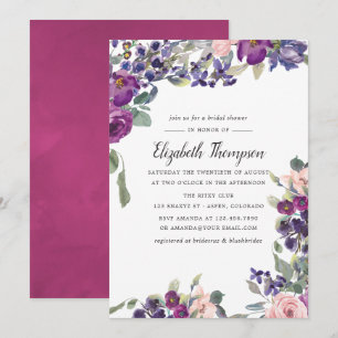 Violette und Pflaumen-Blumen-Hochzeitsduscheinladu Einladung