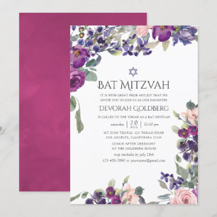 Violette und Pflaumenfarbene Floral Bat Mitzvah Einladung