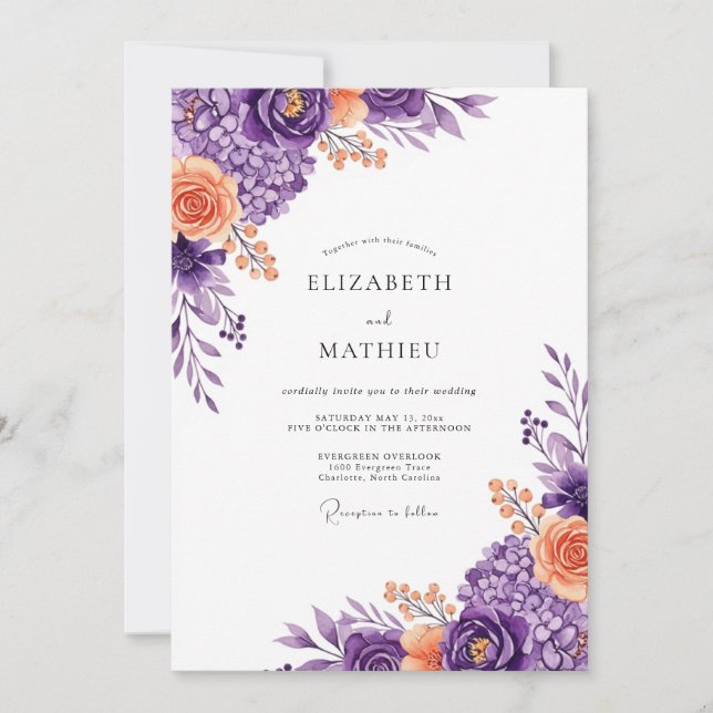 Violette üppige Frühlingshochzeit Einladung (Vorderseite)