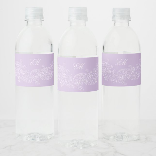 Violette viktorianische Monogramm-Hochzeit Wasserflaschenetikett (Flaschen)