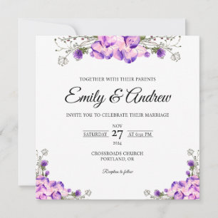 Violette Wildblumen-Aquarell-Hochzeit im Quadrat-F Einladung
