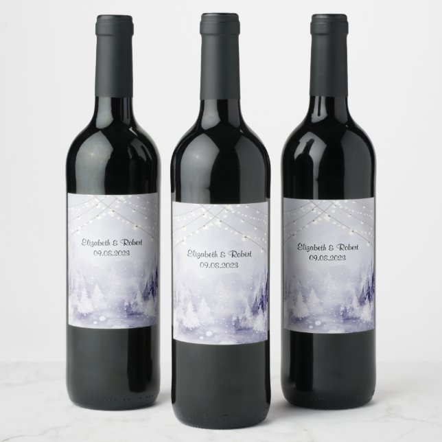 Violette Winterlandschaft Schnee Weinetikett (Flaschen)