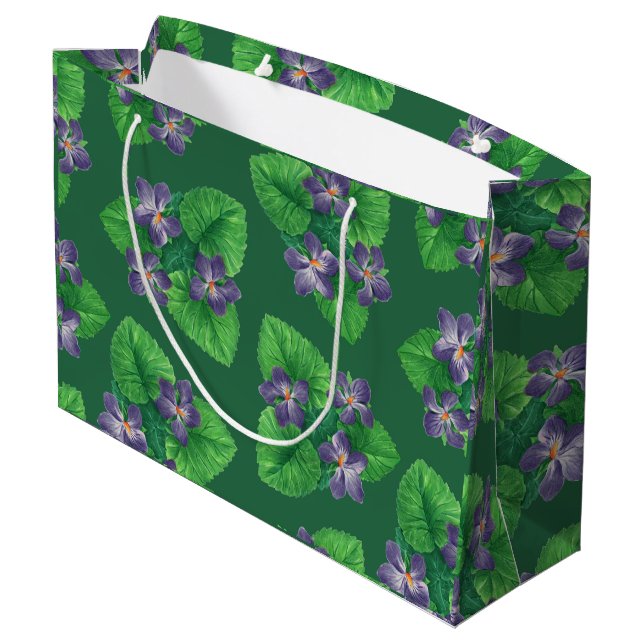 Violetten auf Smaragdgrün Große Geschenktüte (Rückseite Schrägansicht)