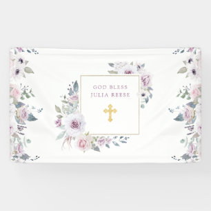 Violetter Blush Blumen Goldene Taufkreuz Banner