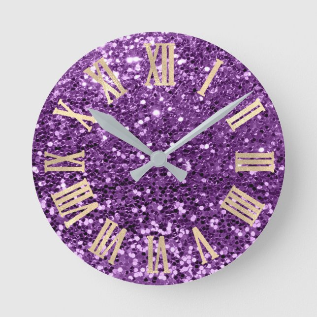 Violetter GoldGlitzer funkelnd metallisches Runde Wanduhr (Vorderseite)