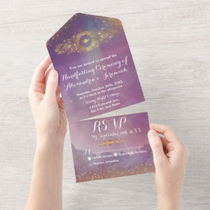 Violetter Himmel Goldener Mond Handfasting-Einladu All In One Einladung