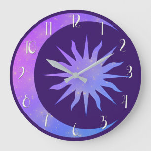 Violetter Indigo Lila Mond & Sonne Zen Große Wanduhr