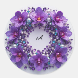 Violetter Orchideen-Kranzschmuck mit Perlen Runder Aufkleber