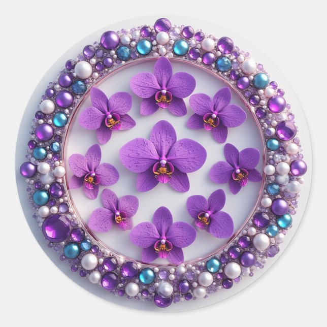 Violetter Orchideenkranzschmuck mit Perlen Runder Aufkleber (Vorderseite)