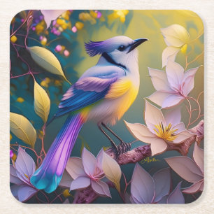 Violetter Tuffgelber Fantasie Vogel mit Brustschmu Rechteckiger Pappuntersetzer