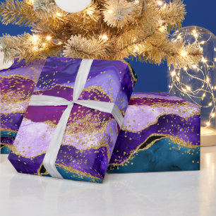 Violetter und blauer Pfauen-Faux-Glitter-Achat Geschenkpapier