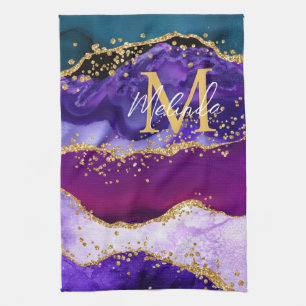 Violetter und blauer Pfauen-Faux-Glitter-Achat Geschirrtuch