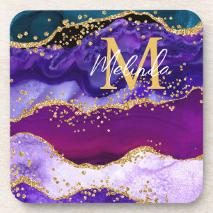 Violetter und blauer Pfauen-Faux-Glitter-Achat Getränkeuntersetzer