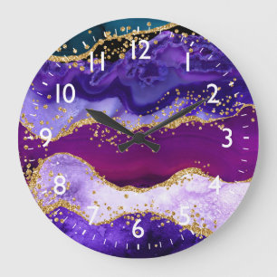 Violetter und blauer Pfauen-Faux-Glitter-Achat Große Wanduhr