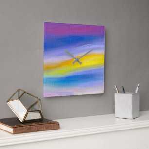 Violetter und goldener Strahl Abstrakt Quadratische Wanduhr