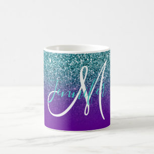 Violettes Lila und Türkis Ombre Glitter Monogramm Kaffeetasse