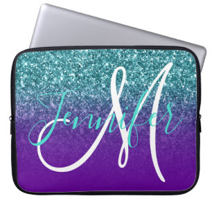 Violettes Lila und Türkis Ombre Glitter Monogramm Laptopschutzhülle