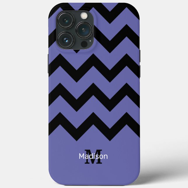 violettes Schwarz Chevron Muster Monogramm Case-Mate iPhone Hülle (Rückseite)