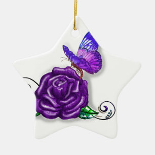 Violettschmetterling und Rose Keramik Ornament