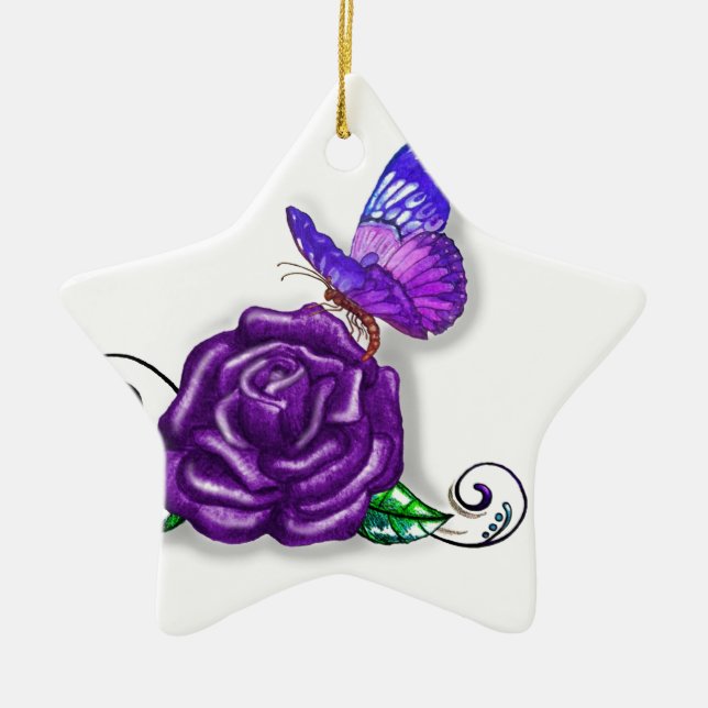 Violettschmetterling und Rose Keramik Ornament (Vorne)