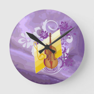 Violin Blumenwirbel Lila Mittelgroße Runde Wanduhr
