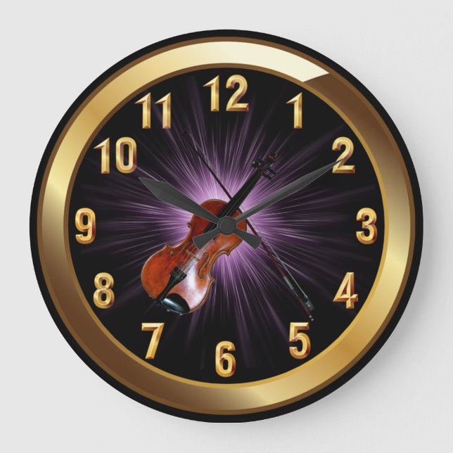 Violin~Classy Black Gold & Lila Glow Background~ Große Wanduhr (Vorderseite)
