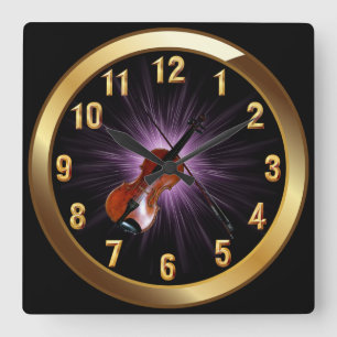 Violin~Classy Black Gold & Purple Glow Background~ Quadratische Wanduhr