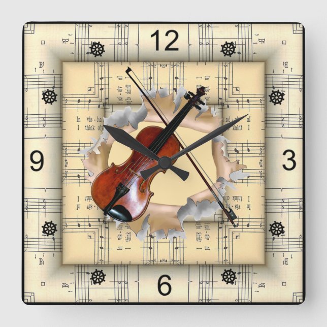 Violin ~ Durchbrechen seltsamer Notentitel ~ Quadratische Wanduhr (Vorderseite)