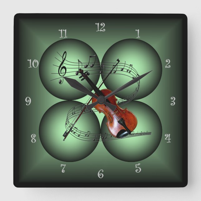 Violin - Four Globe - Musical Clock Quadratische Wanduhr (Vorderseite)