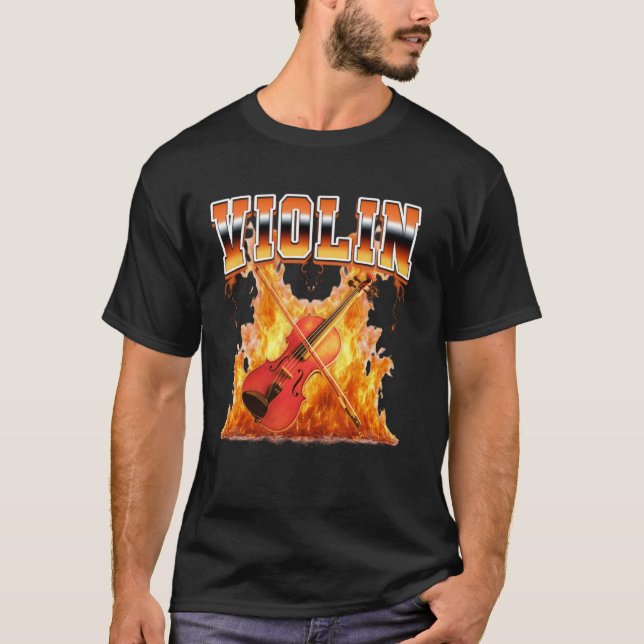 Violin Instrument Violinist Flames 90s Bootleg Sty T-Shirt (Vorderseite)