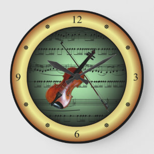 Violin on Sheet Music ~ Green on Gold Background ~ Große Wanduhr
