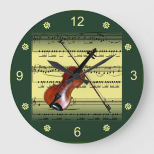 Violin~Rolled Sheet Music~Gold/Green Background~ Große Wanduhr