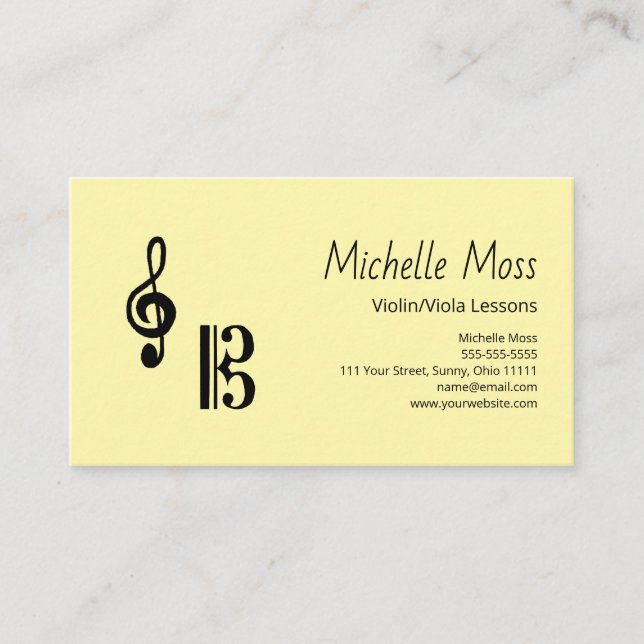 Violin Viola Lessons Simple Musical Clefs Yellow Visitenkarte (Vorderseite)