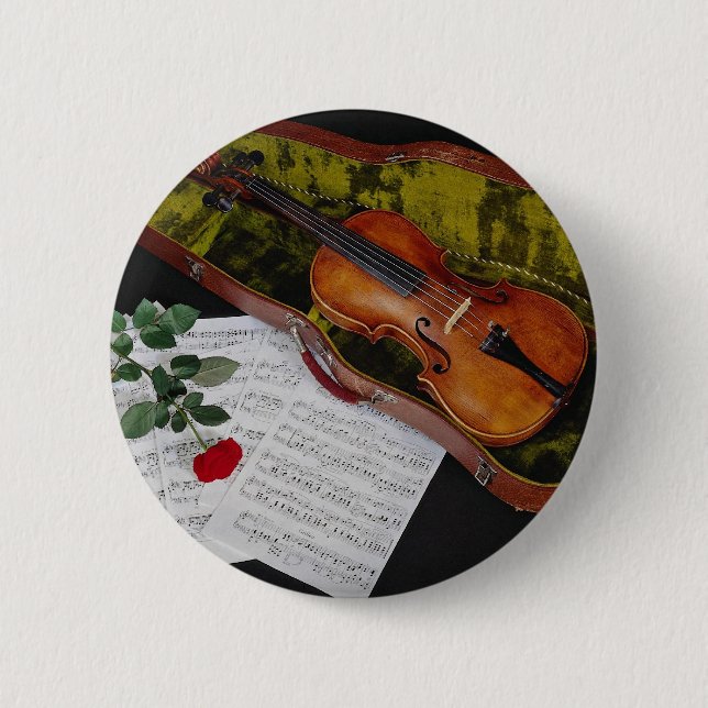 Violine und Rote Rose auf schwarzem Hintergrund Button (Vorderseite)