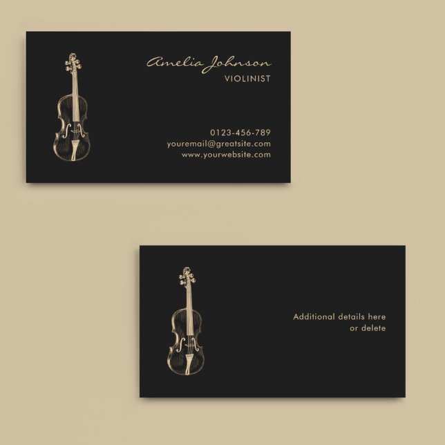 Violinist Black Gold Elegante Script Music Teacher Visitenkarte (Von Creator hochgeladen)