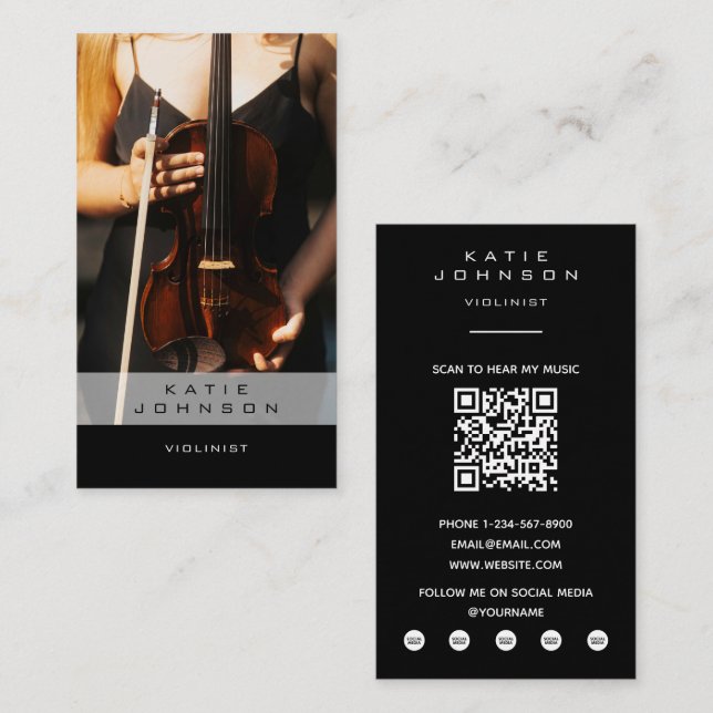 Violinist Cello Musiker Foto QR Code Visitenkarte (Vorne/Hinten)