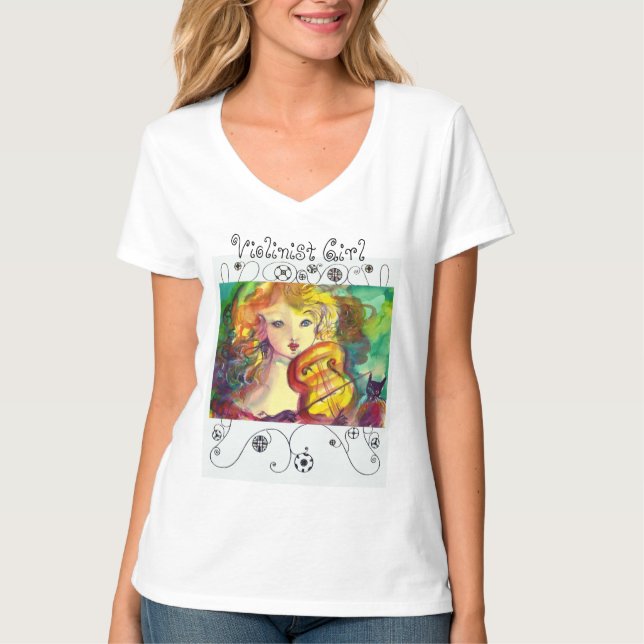 VIOLINISTISCHE MÄDCHEN-, VIOLIN- UND CAT-Geometrie T-Shirt (Vorderseite)