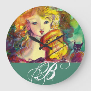 VIOLINISTISCHES GIRL, VIOLIN UND CAT-MONOGRAMM GROßE WANDUHR