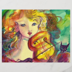 VIOLINISTISCHES MÄDCHEN, VIOLIEN UND KATZE BRIEFKOPF