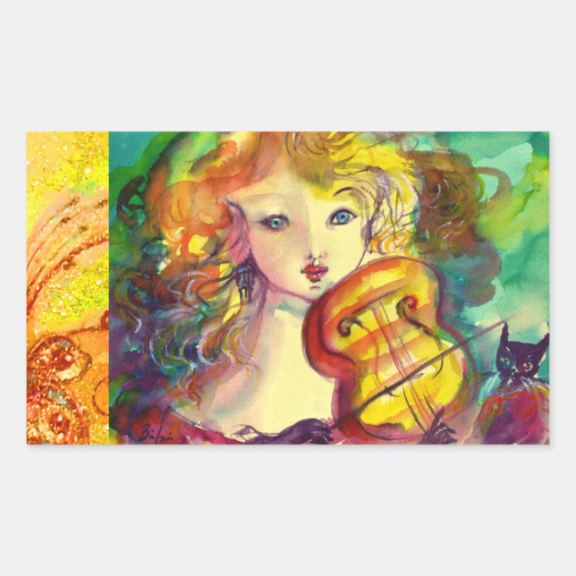 VIOLINISTISCHES MÄDCHEN, VIOLIEN UND KATZE RECHTECKIGER AUFKLEBER (Vorderseite)