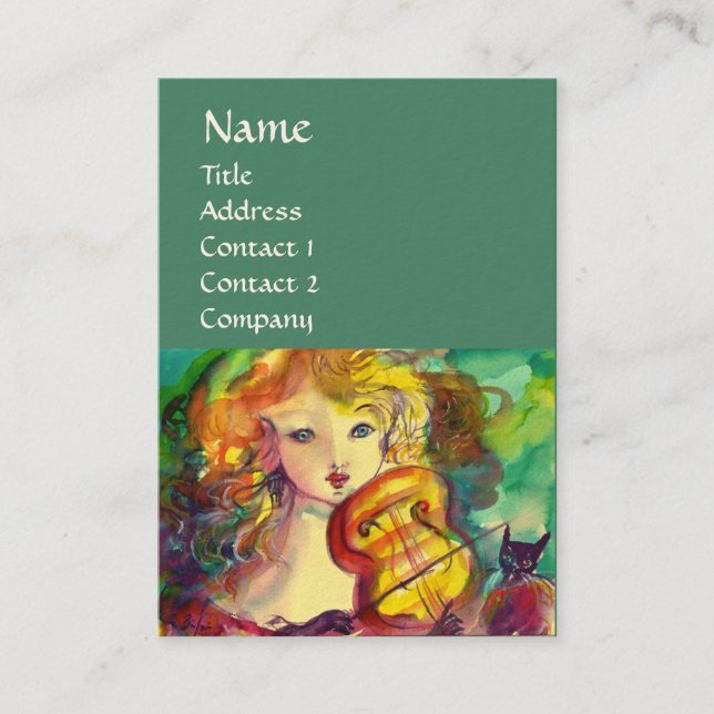 VIOLINISTISCHES MÄDCHEN, VIOLIEN UND KATZE VISITENKARTE (Vorderseite)