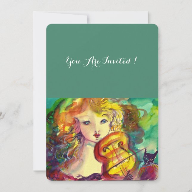 VIOLINISTISCHES MÄDCHEN, VIOLIN UND CAT Sweet 16 G Einladung (Vorderseite)