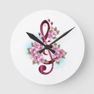 Violinschlüssel Noten mit Sakura-Blüten Runde Wanduhr