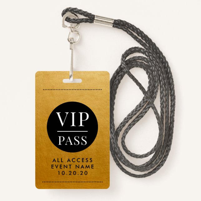 VIP All Access Event Gold Metallic Foil Gold Black Ausweis (Vorderseite mit Schlüsselband)